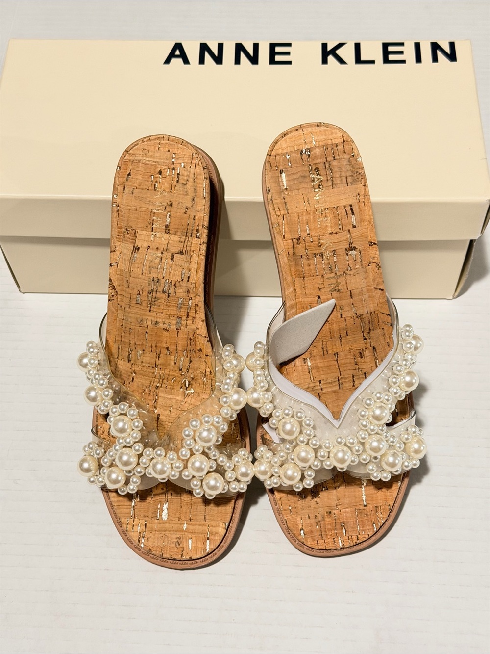 Anne Klein Pearl-Embellished Tan Wedge Sandals Size 6